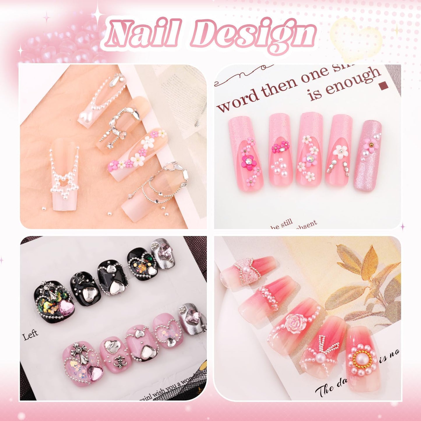 Metal 3D Flowers, Glass Rhinestones, Flatback Pearls, Caviar Beads for Nail Art - Multi Shapes Gems, Blossom Pearl Charms, Glue Gel for Manicure Decor