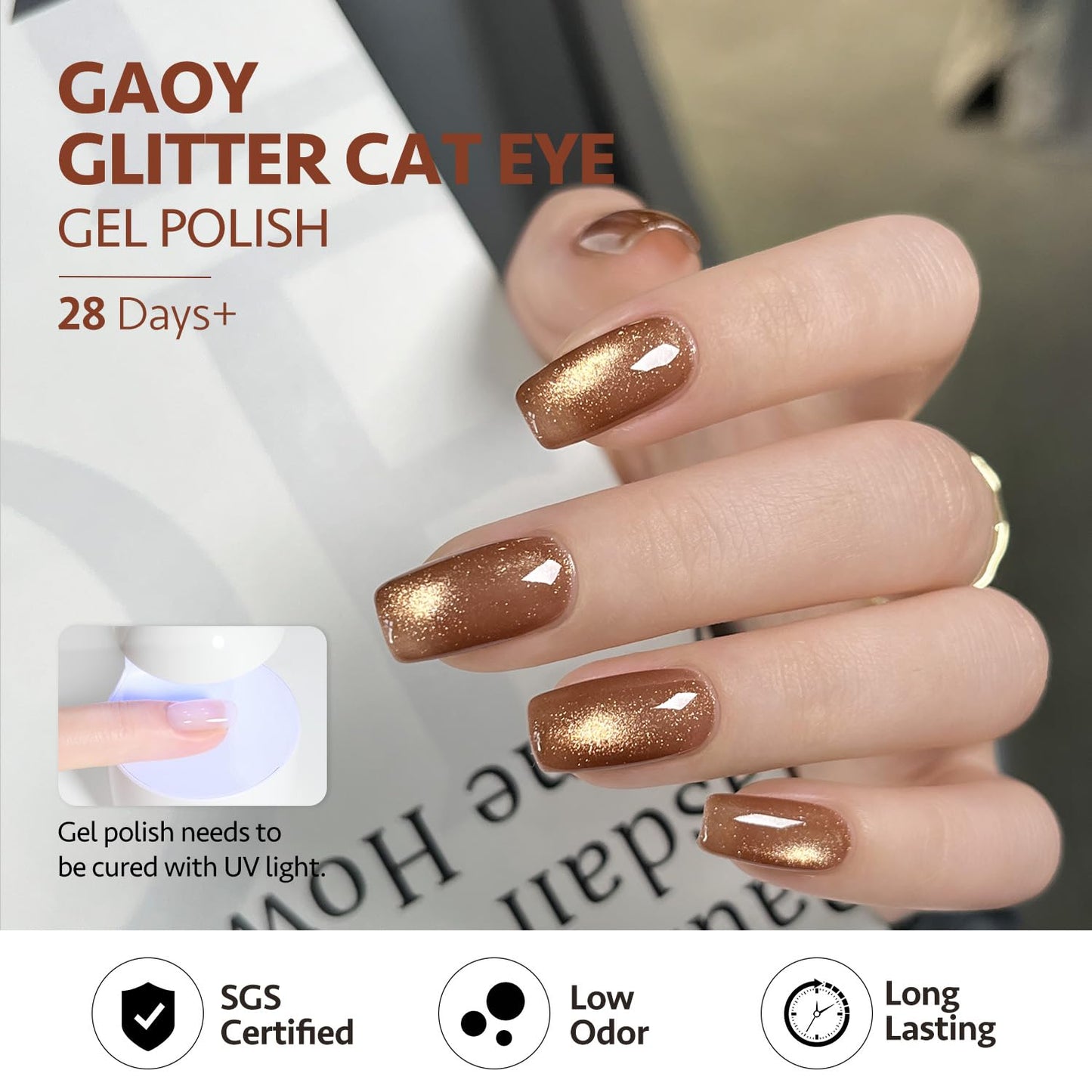 GAOY Glitter Cat Eye Gel Nail Polish Set with Magnet, Gold, Brown, Sliver Holographic Cat Eye, Salon Gel Manicure and Nail Art DIY at Home, Sunshine
