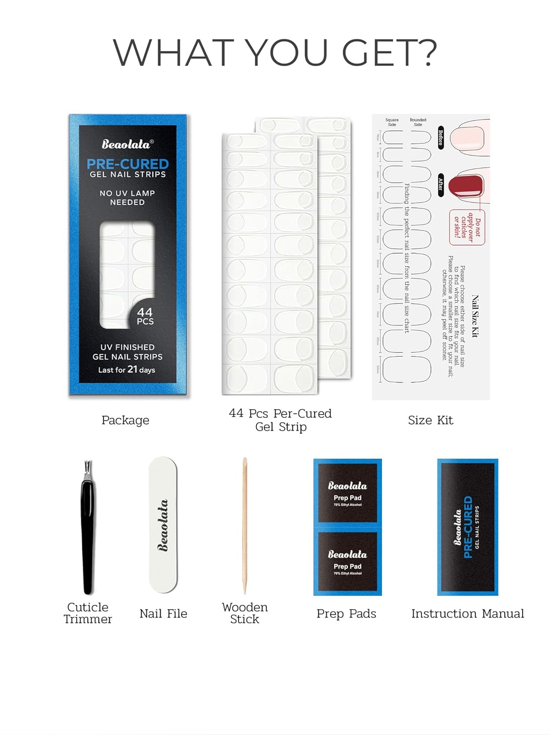 Pre Cured Gel Nail Strips - 44PCS Salon Quality Gel Nail Stickers - Long Lasting Polish Wraps for Women no UV Light Needed Easy Apply& Remove (Dawn White)