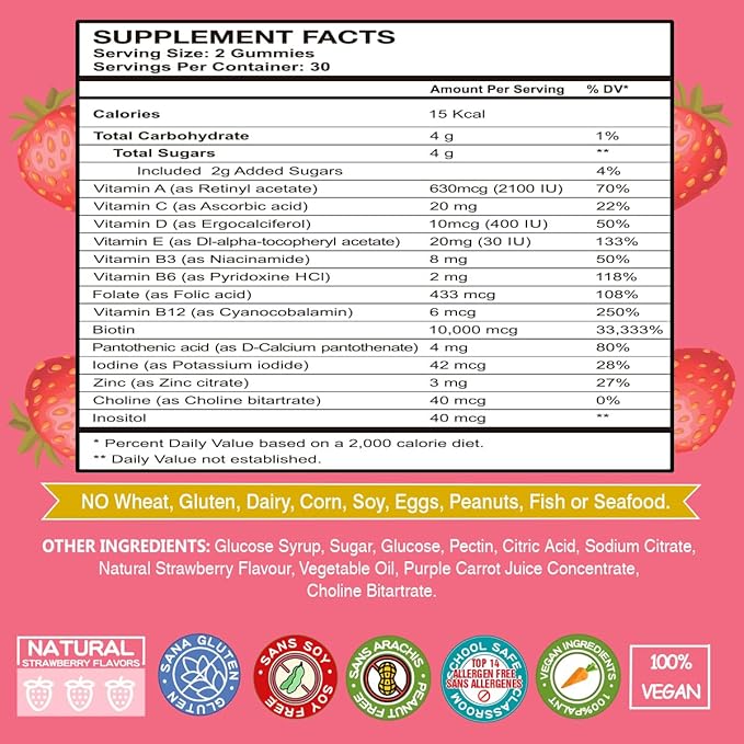 Biotin Gummies 10000mcg Supplements - with Vitamin C, A, D, B-Complex, Folate, Zinc for Women & Girls- Vegan Biotin Hair Growth Gummy for Healthy Hair and Nails, Non-GMO, Strawberry, 120 Bear