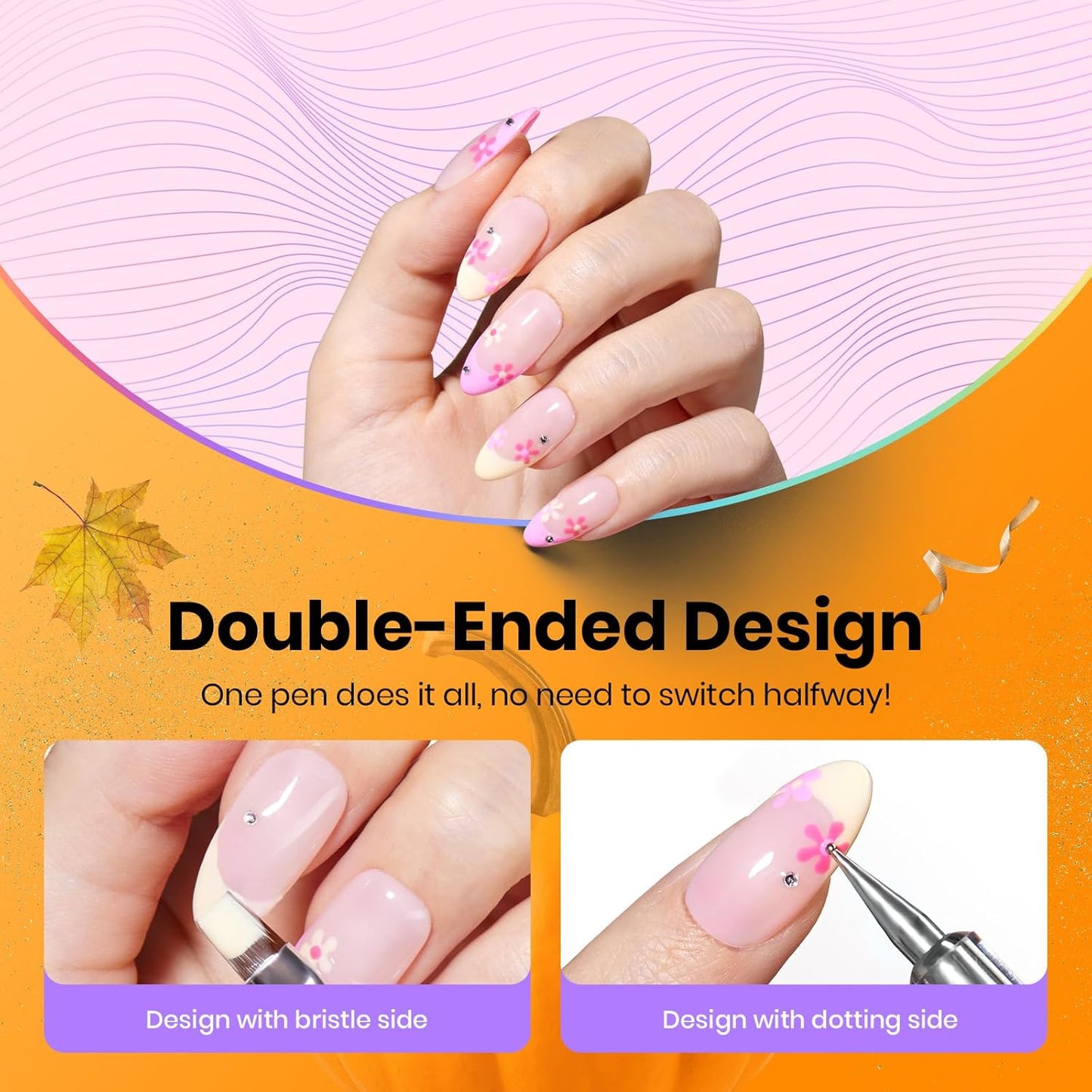 Beetles Nail Art Brushes, 8pcs Double-headed Nail Art Tool Set, Nail Dotting Tools, Striping Nail Art Brushes for Lines, Nail Drawing Pen with Bow knot Stickers Gift for Women