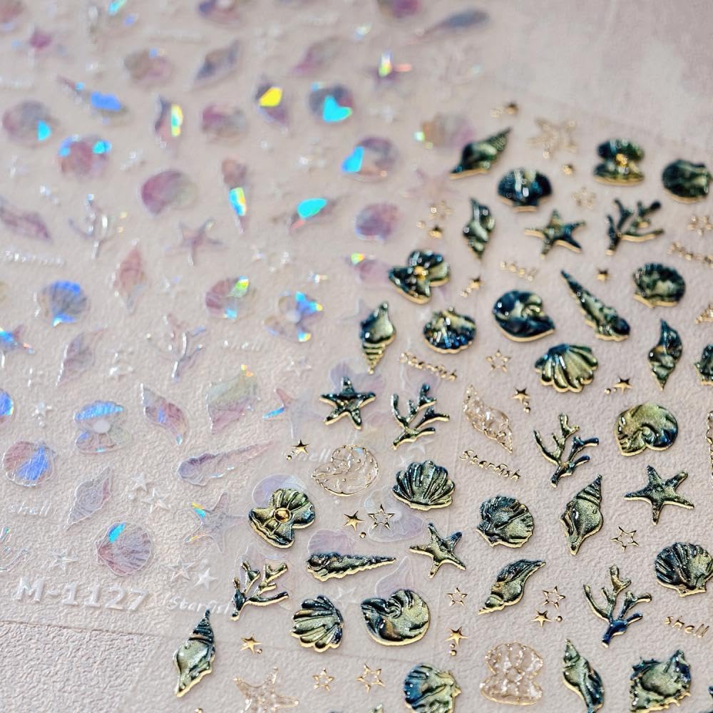 Laser Ocean Nail Stickers Gold Conch Nail Designs Self-Adhesive Silver Shell Nail Decals 5D Embossed Aurora Starfish Summer Sticker Manicure Accessories for Women Girls DIY Acrylic Nails 2 Sheets