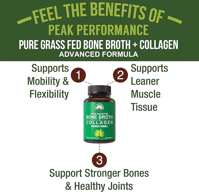 Bone Broth Collagen Capsules. 180 Pills of Grass Fed Bone Broth Collagen Protein Peptides. Contains All 3 Collagen Types 1, 2, and 3. Pure Pasture Raised Paleo Friendly Tablets for Women and Men