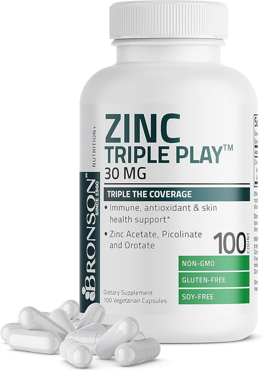 Bronson Zinc Triple Play 30 mg Triple Coverage Immune Support Zinc Supplement with Zinc Acetate, Picolinate & Orotate - Immune, Antioxidant & Skin Health Support - 100 Vegetarian Capsules