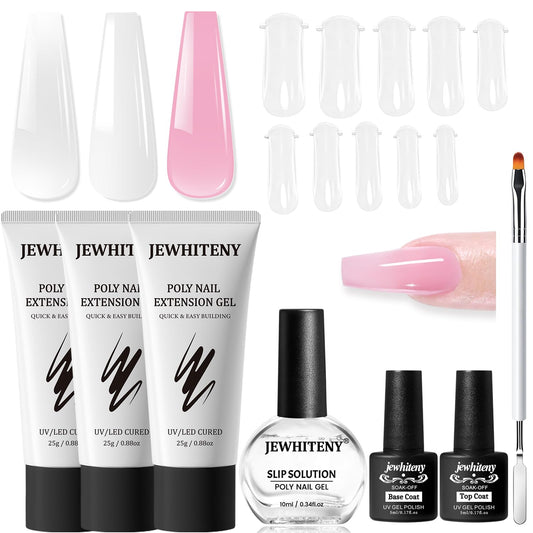 JEWHITENY Poly Extension Gel Nail Set Clear White Pink Poly Nail Gel With Base Coat Top Coat for Finger Art and Home DIY French Manicure Need U V Lamp Curing