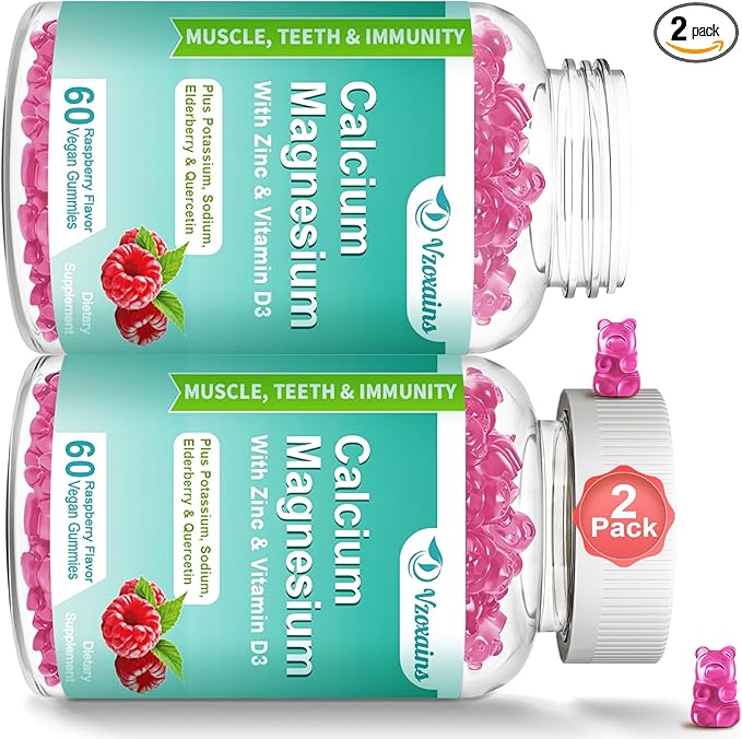 Calcium Magnesium Zinc Gummies with Vitamin D3, Sugar Free Calcium Magnesium Supplement for Bone & Teeth Strength, Muscle Function - Vegan, Raspberry Flavor, 120 Count
