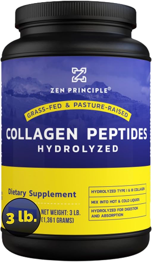 Zen Principle Grass-Fed Collagen Peptides 3 lb. Custom Anti-Aging Hydrolyzed Protein Powder for Healthy Hair, Skin, Joints & Nails. Paleo and Keto Friendly, GMO and Gluten Free, Pasture-Raised Bovine.