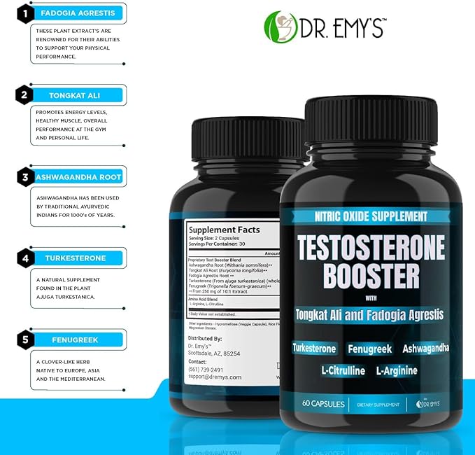 Dr. Emy's (1 Pack Testosterone Booster-Tongkat Ali Fadogia Agrestis Nitric Oxide Ashwagandha Supplement for Men with L Arginine Citrulline Fenugreek - Turkesterone Pre Workout Pump (60 Capsules)