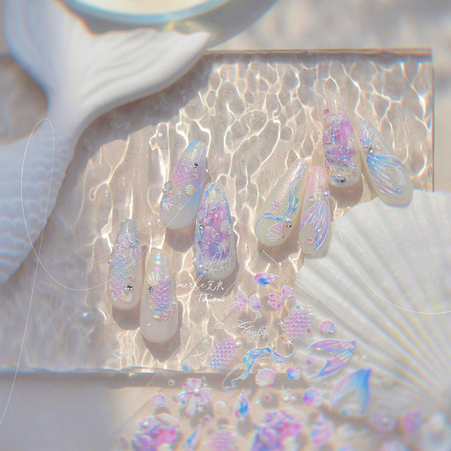 Summer Seashell Starfish Nail Art Stickers 5D Embossed Shiny Shell Nail Decals Cute Mermaid Nail Accessories Ocean Theme Summer Nails Design Pearl Bow Nail Adhesive Sliders for Women Manicure