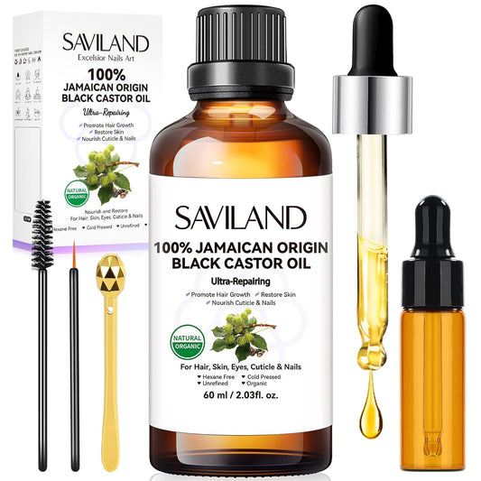 SAVILAND Jamaican Black Castor Oil Organic Cold Pressed Unrefined: 100% Pure and Natural Castor Oil for Hair Growth Eyebrows Face Skin Care Cuticle Nourish Massager Tools Home Care 60ML