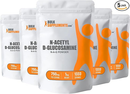 BulkSupplements.com N-Acetyl Glucosamine Powder - NAG Powder, Glucosamine 750mg, Glucosamine Supplement - Glucosamine Powder, Gluten Free, 750mg of per Serving, 5kg (11 lbs) (Pack of 5)