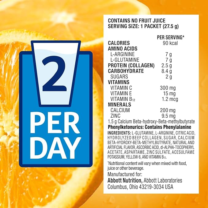 Juven Therapeutic Nutrition Drink Mix Powder for Wound Healing Support, Includes Collagen Protein, Orange, 30 Count