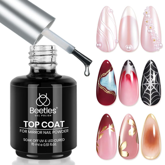Beetles Halloween Gel Top Coat for Chrome Nail Powder: 15ml Mirror Shiny Chrome No Wipe Gloss Top coat Long Lasting Soak Off Nail Lamp for Nail Art Creation