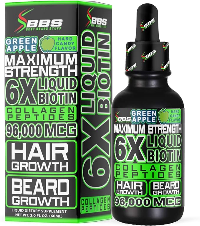 MAXIMUM STRENGTH Biotin 96,000mcg Collagen Peptides LIQUID Collagen for Men Hair Growth & Beard Growth Supplement with 6X More Absorption vs Competitor Vitamins, Serum, or Pills (2 OZ) made by BBS USA