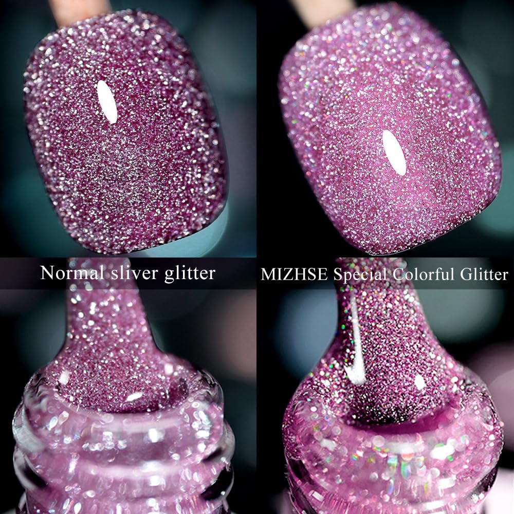 MIZHSE Reflective Purple Gel Nail Polish, Glitter Gel Polish Sparkly Shiny Effect, Soak Off Nail Art Varnish Manicure DIY at Home