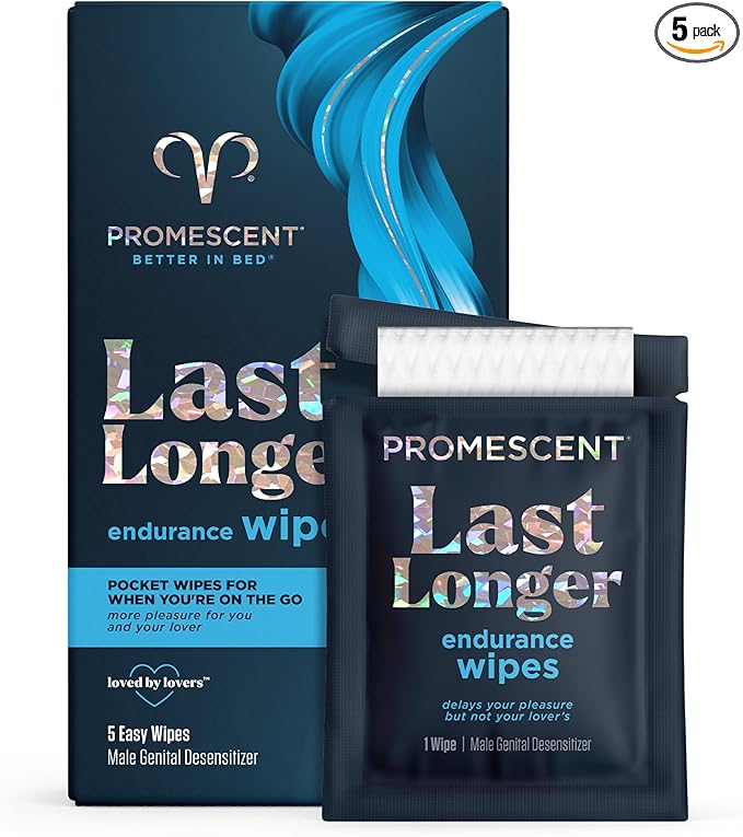 Promescent Delay Wipes Sexual Enhancer for Men to Last Longer in Bed, Extended Climax Control with Benzocaine for Male Genital Desensitizing - Increase Duration, Performance, and Stamina (5 Count)
