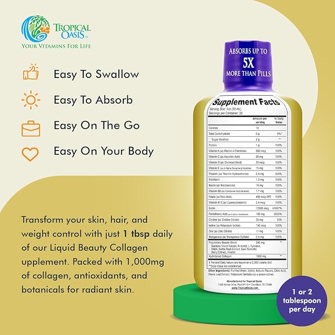 Tropical Oasis - Liquid Beauty | Supplement for Hair, Skin, & Nail Growth, Weight Control, Joint Support - Biotin + Hydrolyzed Collagen (32 Servings)
