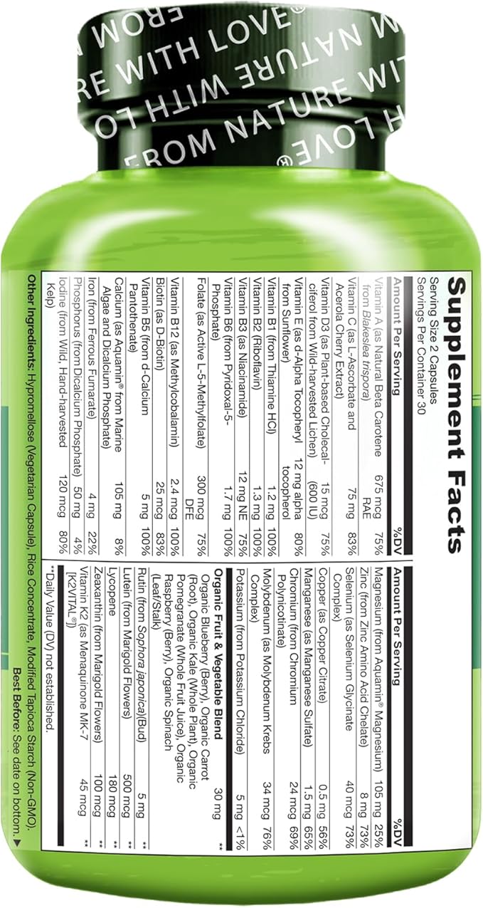 NATURELO Whole Food Multivitamin for Teens - Vitamins and Minerals for Teenage Boys and Girls - Supplement for Active Kids - with Organic Whole Foods - Non-GMO - Vegan & Vegetarian - 60 Capsules