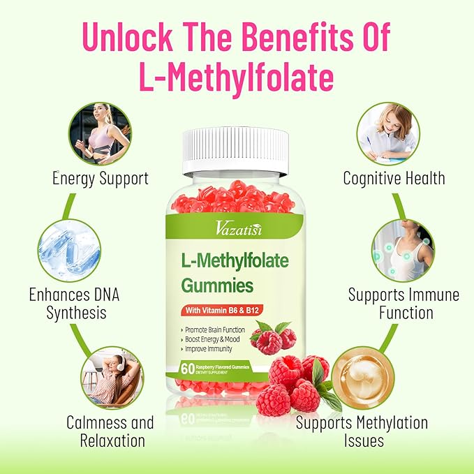 L-Methylfolate 15 mg Gummies with Methyl B12, Folate Supplement for Mood, Brain Health, Immune Support, Raspberry Flavor, 120 Count