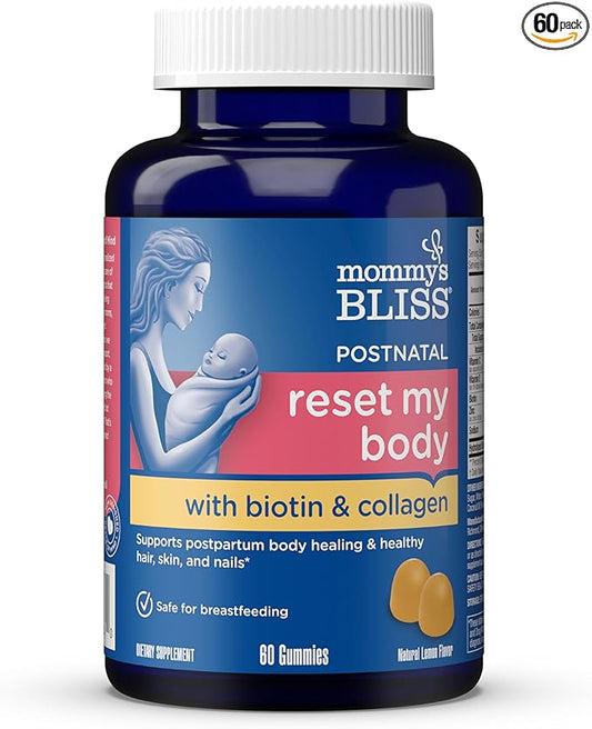 Mommy's Bliss Postnatal Support Reset My Body Gummies with Biotin & Collagen, Supports Postpartum Energy, Healing & Joint Health + Hair, Skin & Nails Health, Gluten Free, 60 Gummies (30 Servings)