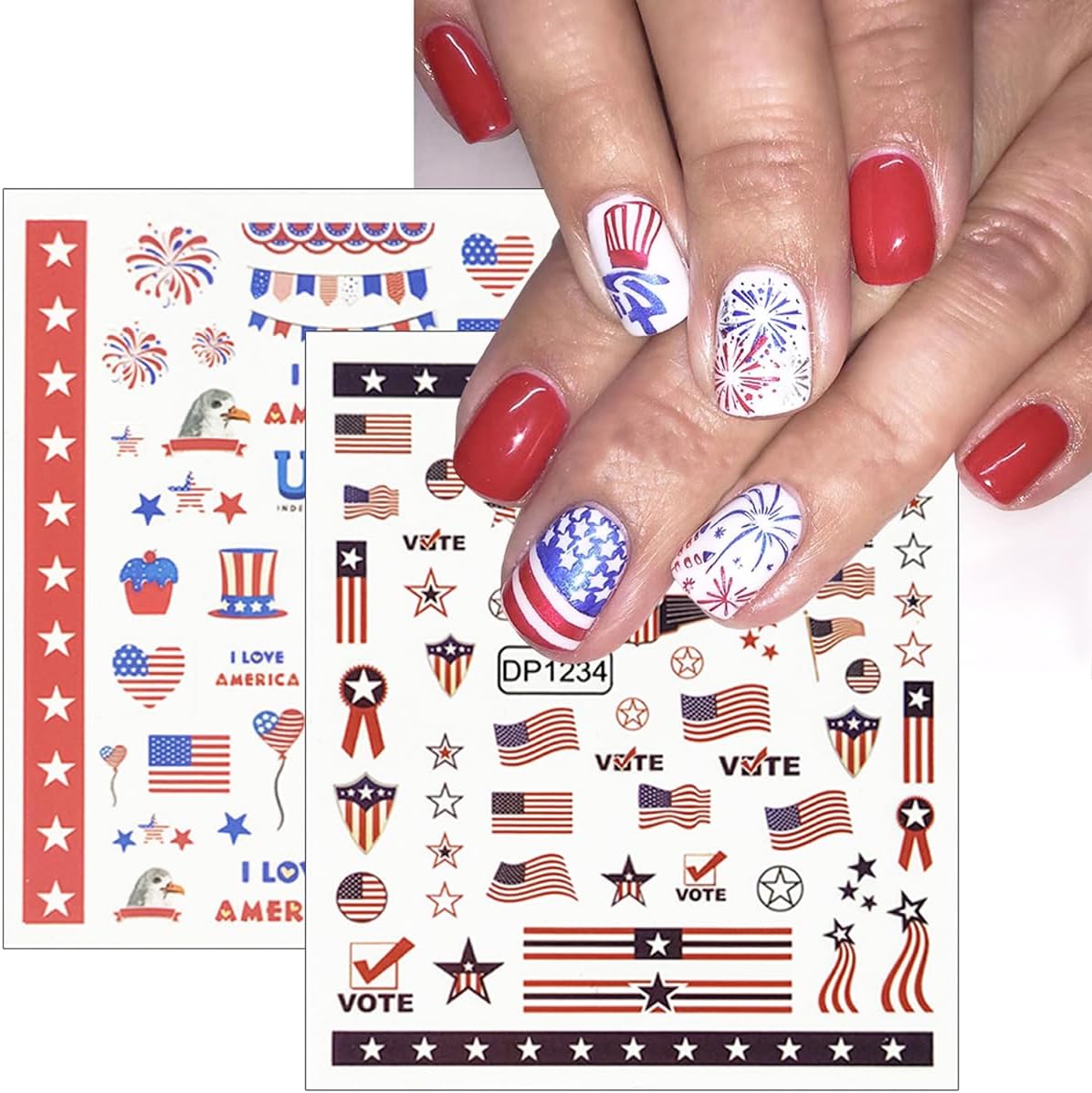 6Pcs Independence Day Nail Art Stickers Patriotic American Flag Heart Balloon Fireworks Nail Design 4th of July Nail Stickers 3D Self-Adhesive Star Nail Decals Decoration for Women DIY Nail Supplies