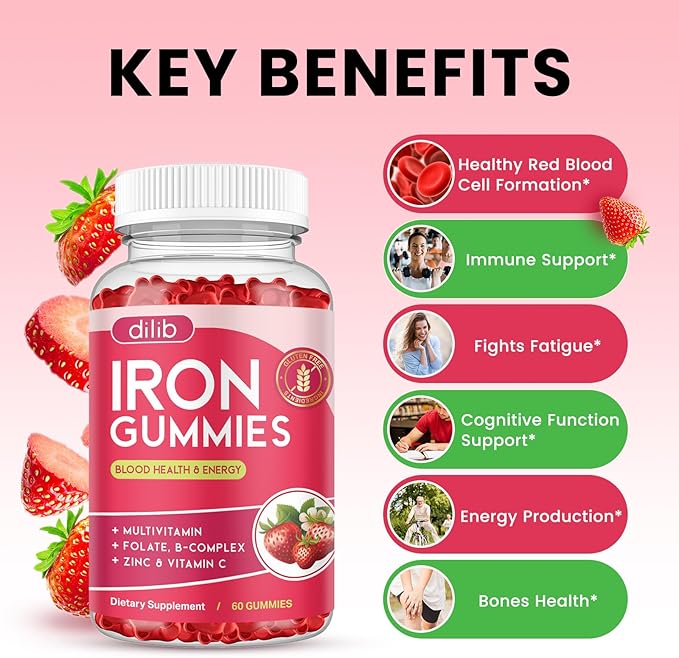 2 Pack Iron Gummies with Multivitamin, Iron Supplement for Women & Men with Zinc, Vitamin B Complex & C, B12, Folate - Blood Builder & Energy Support for Adults & Kids - Strawberry Flavor, Vegan 120ct