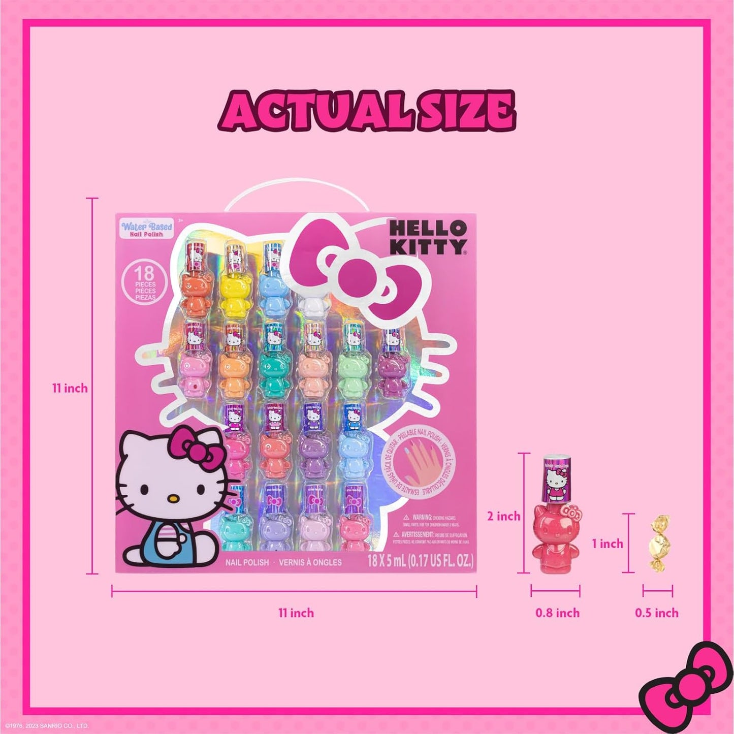 Hello Kitty Non-Toxic Peel-Off Water-Based Safe Quick Dry Nail Polish Set for Girl Kids Ages 3+, Perfect for Birthday Gift Parties, Sleepovers & Makeovers, 18 Pcs
