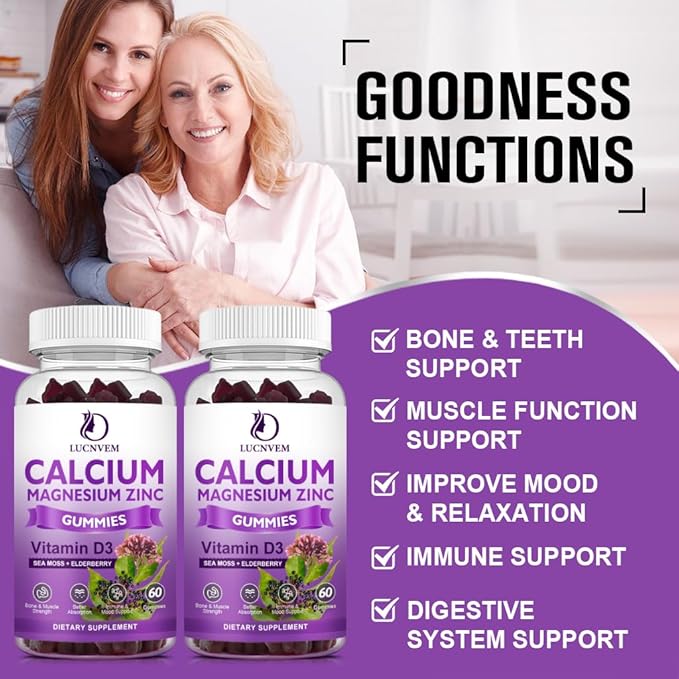 (2 Pack) Sugar Free Calcium Magnesium Zinc Gummies, Calcium Magnesium 2:1, Contains Magnesium Glycinate, Vitamin D3, Sea Moss, for Bones, Muscles, Calm Mood & Sleep Support, Vegan, 120 Gummies