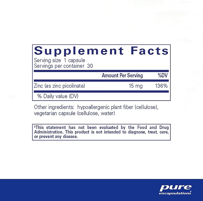 Pure Encapsulations Zinc 15 mg - Zinc Picolinate Supplement for Immune System Support, Growth & Development - for Wound Healing - with Premium Zinc Picolinate - 30 Capsules