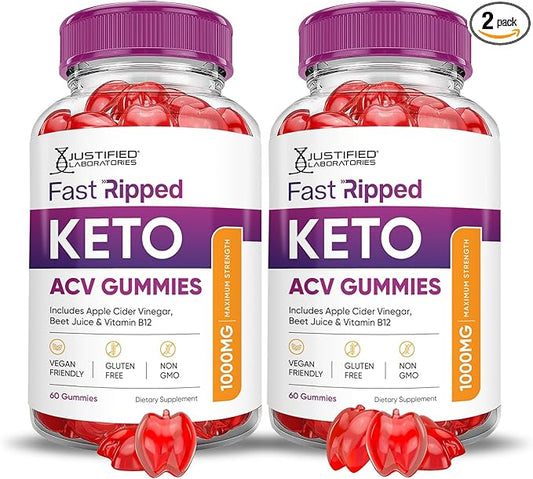(2 Pack) Fast Ripped Keto ACV Gummies Advanced Formula 1000MG Fast Ripped Keto Gummies Apple Cider Vinegar Formulated with Pomegranate Beet Juice Powder B12 Vegan Non GMO 120 Gummys