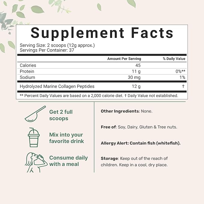 Micro Ingredients Marine Collagen Peptides, 1lb (37 Servings) | Wild Caught Fish Source | Hydrolyzed Peptides for High Absorption | Unflavored, Keto & Pescatarian Friendly | Easy to Mix, Non-GMO