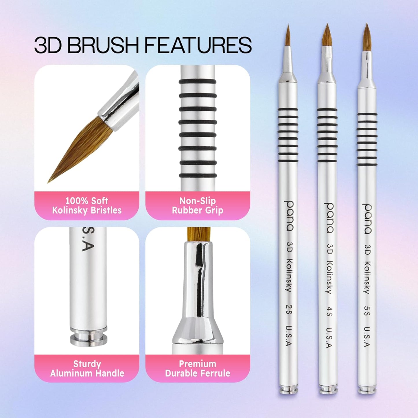 PANA 3D Kolinsky Acrylic Nail Art Sculpture Brush with Silver Metal Non-Slip Grip Handle for Manicures 3D Nail Art Flower Designs (Size #4)