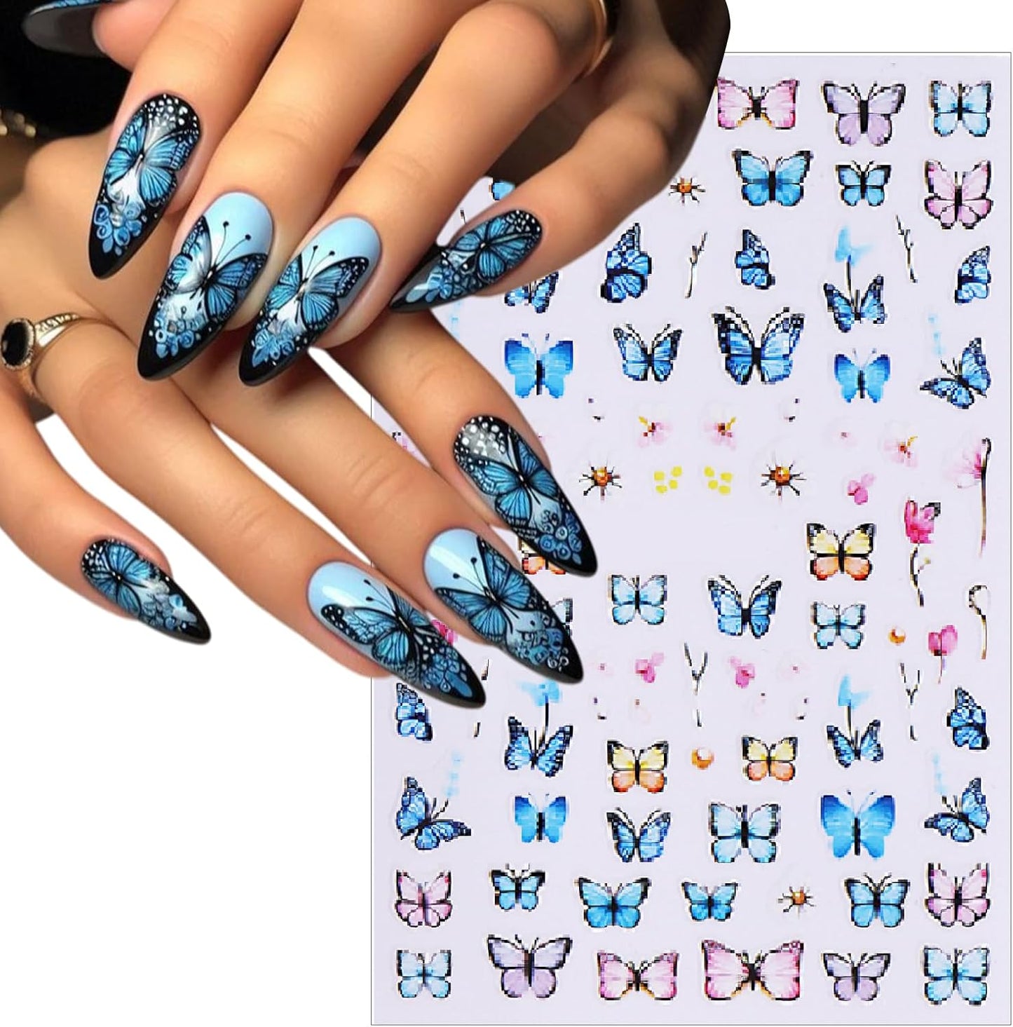 8 Sheets Spring Butterfly Nail Stickers Peach Blossom Nail Art Stickers 3D Self-Adhesive Nail Decals Colorful French Butterfly Petals Leaves Nail Design for Women Girls Spring Summer Nail Decoration