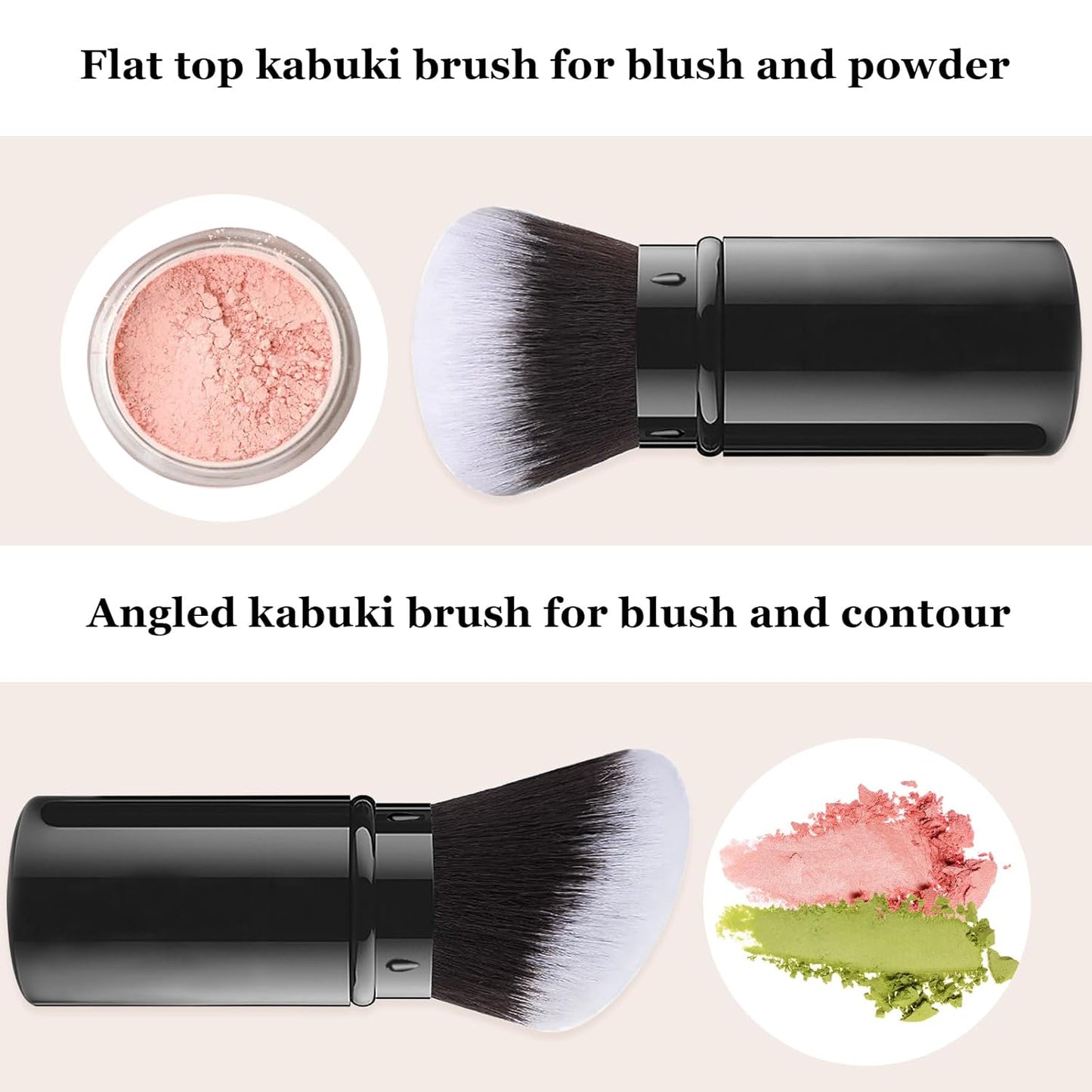 Falliny Retractable Makeup Brush, 2 Pack Travel Kabuki Face Blush Brush, Portable Powder Foundation Sunscreen Brush with Cover for Blush, Bronzer, Buffing, Flawless Powder Cosmetics