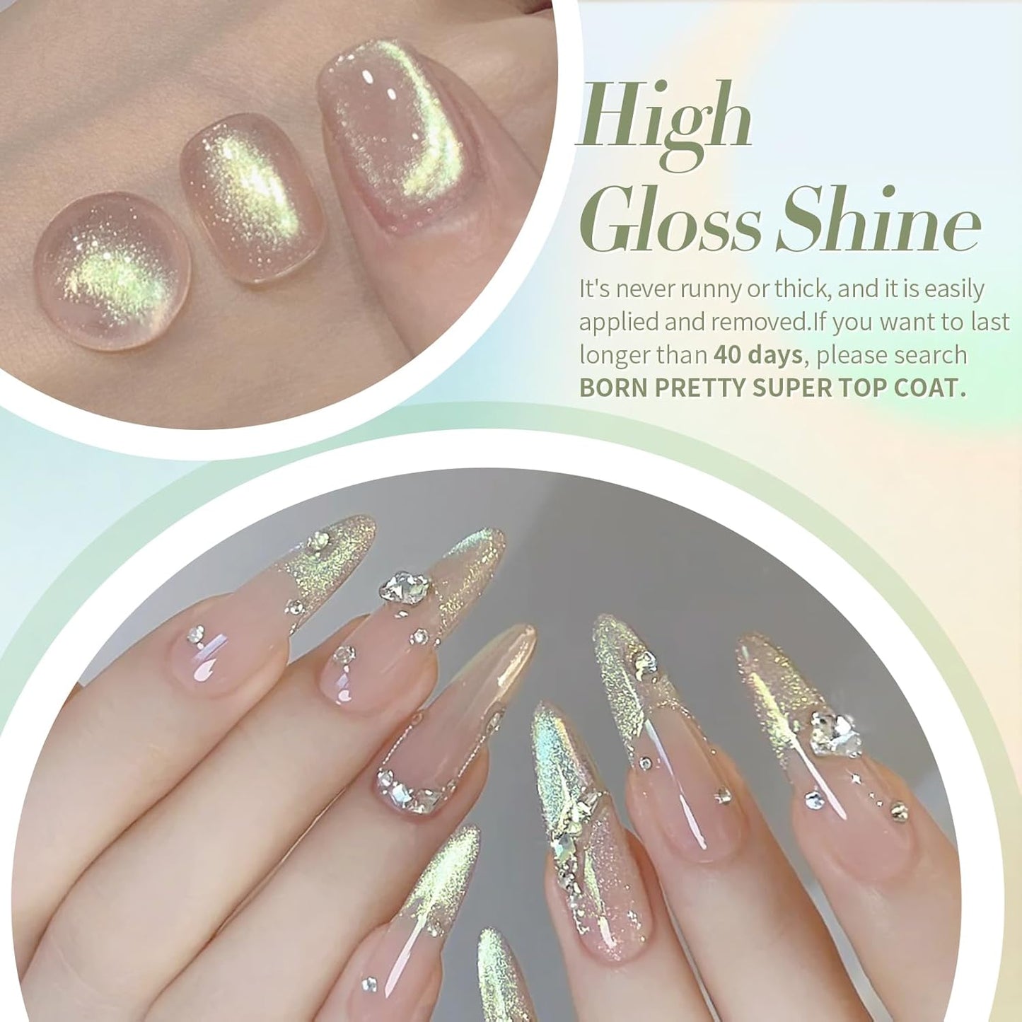 Born Pretty Cat Magnetic Eye Gel Nail Polish Shimmer Glitter Holographic Auroas Magnetic Gel Spring Summer Pink Green Blue Translucent Gel Polish Set Manicure Nail Art DIY at Home