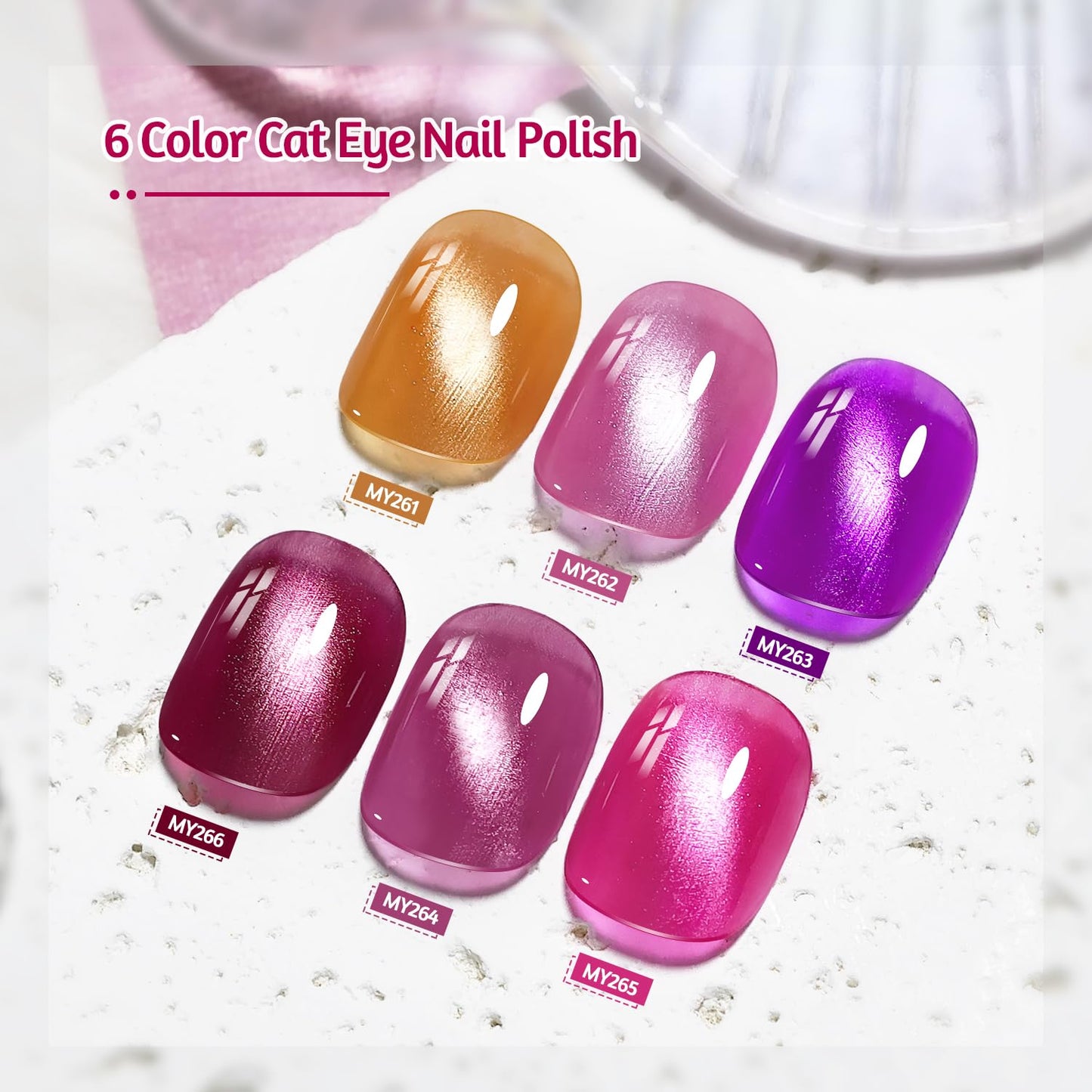 6 Colors 10ml Strawberry Molten Gold Cat Eye Nail Polish with Magnet Stick Quick Dry Nail Polish for Women Salon DIY Nail Art