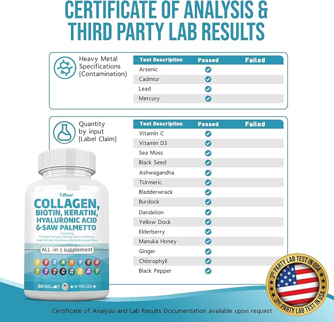 Collagen Pills 1000mg Biotin 10000mcg Keratin Saw Palmetto 2500mg Hyaluronic Acid - Hair Skin and Nails Vitamins and DHT Blocker with Vitamin E Folic Acid Pumpkin Seed MSM for Men and Women,60 Count