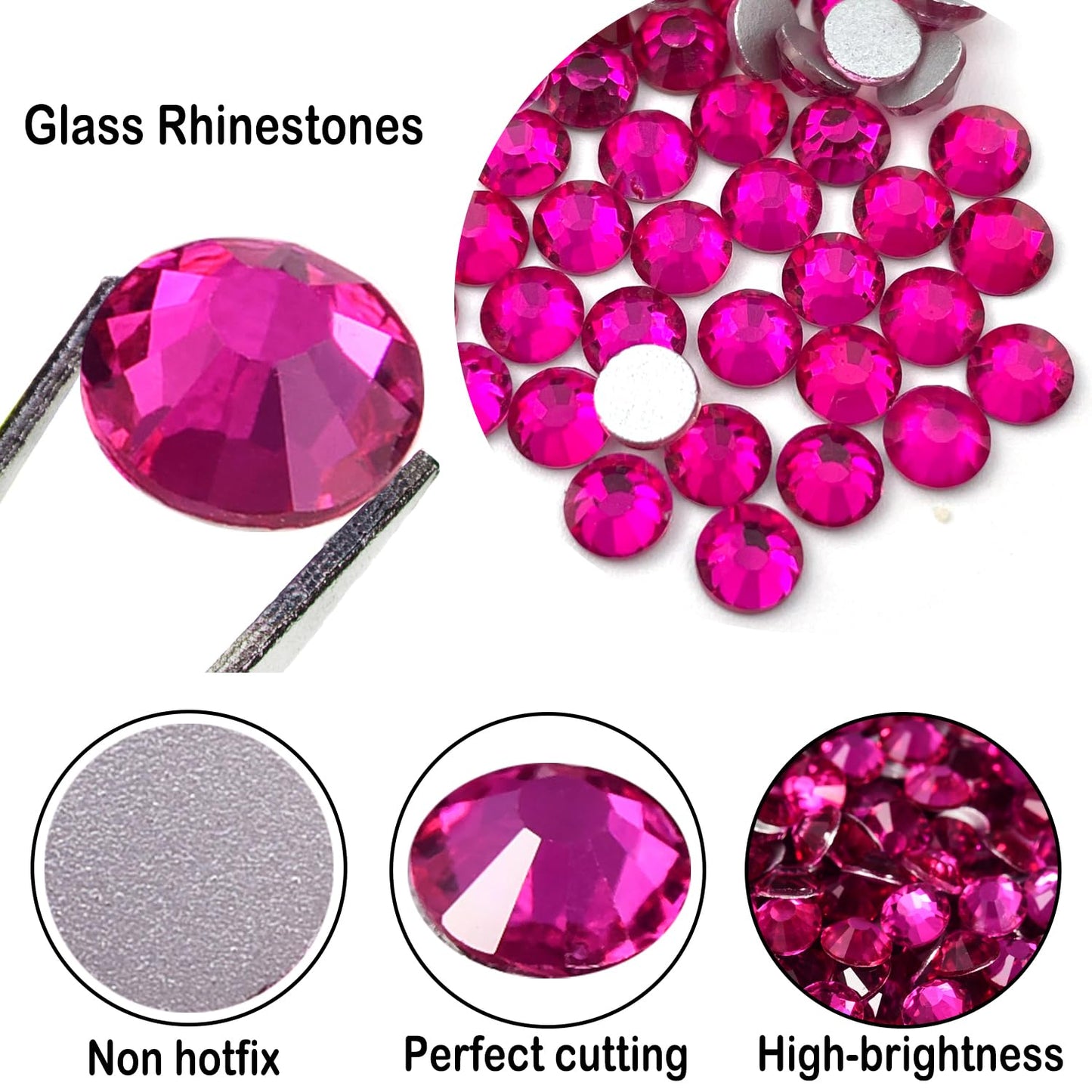Flatback Glass Rhinestones,Bedazzler Gems 1440pcs Non Hotfix Crystal Rhinestones for Nail Charms Crafts Clothes Tumblers,Hot Pink,SS16