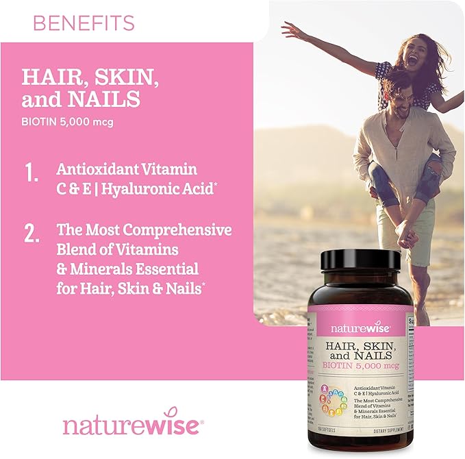 NatureWise Hair Skin and Nails Vitamin, Biotin 5000mcg w/Hyaluronic Acid, Collagen for Women with C, B Complex, D3, A, E, Iron - Non-GMO, Gluten Free - 150 Softgels[50-Day Supply]