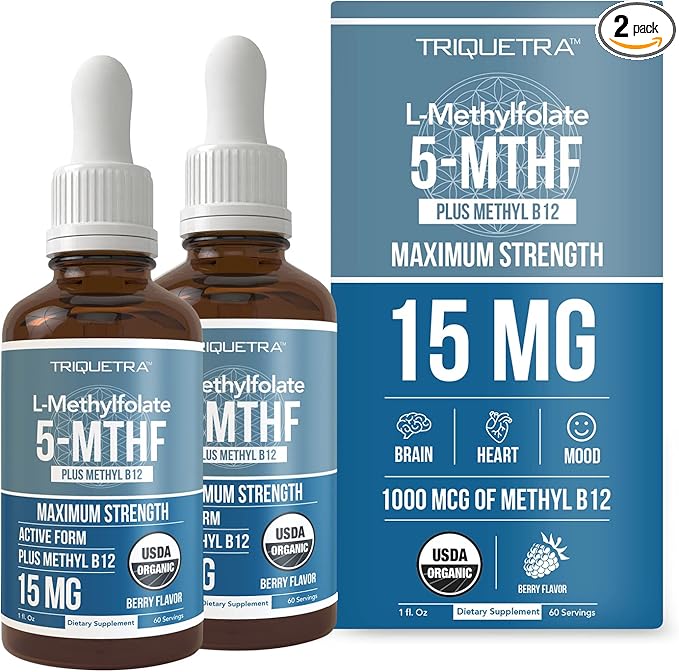 L Methyl Folate 15mg Plus Methyl B12 Cofactor – Organic, Berry Flavor, Professional Strength, Liquid Sublingual, Active 5-MTHF Form - Supports Mood, Homocysteine Methylation, Cognition (1oz -2 Pack)