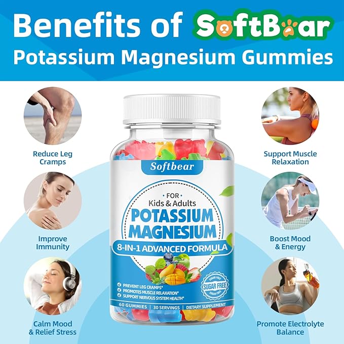 softbear Sugar Free Potassium Magnesium Gummies for Adults Kids, High Absorption Potassium Supplement Gummies Supports Leg Cramps & Muscle & Immune Health, Delicious Mixed Fruit Flavor 120 Count