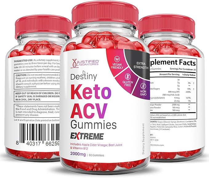 (2 Pack) Destiny Keto ACV Gummies Extreme 2000MG Destiny Keto Gummies Advanced Formula Apple Cider Vinegar with Pomegranate Beet Juice Powder B12 Vegan Non GMO 120 Gummys