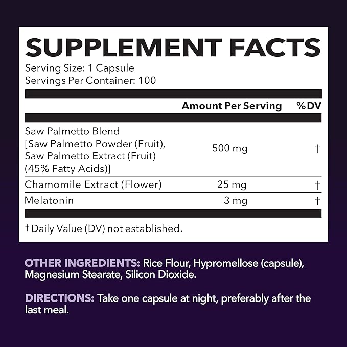 Night Time Saw Palmetto for Men - Saw Palmetto With Melatonin 3 mg and Chamomile Extract - Sleep & Prostate Supplement - Reduce Urinary Frequency for Men & Support Bladder in PM - Over 3 Month Supply