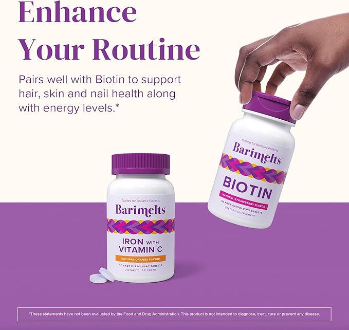 Barimelts Iron with Vitamin C - 90 Fast-Dissolving Tablets (1-Month Supply) - Sugar-Free Bariatric Iron Supplement for Women, Natural Orange Flavor