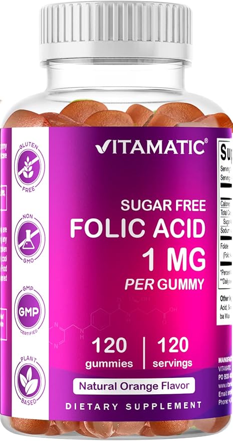 2 Pack Vitamatic Folic Acid Gummies 1000 mcg (1 mg) - an Essential Prenatal Vitamins for Mom & Baby - Vitamin B9 - 120 Vegan Gummies