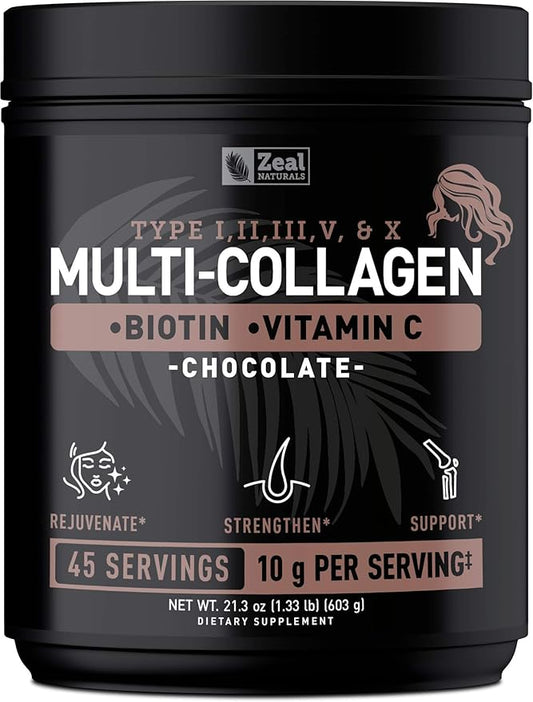 Premium Multi Collagen Peptides Protein Powder (1, 2, 3, 5 & 10) with Vitamin C, Biotin, Hyaluronic Acid, for Hair Skin and Nails - Marine, Bovine, Chicken & Eggshell (Chocolate, 45 Servings)