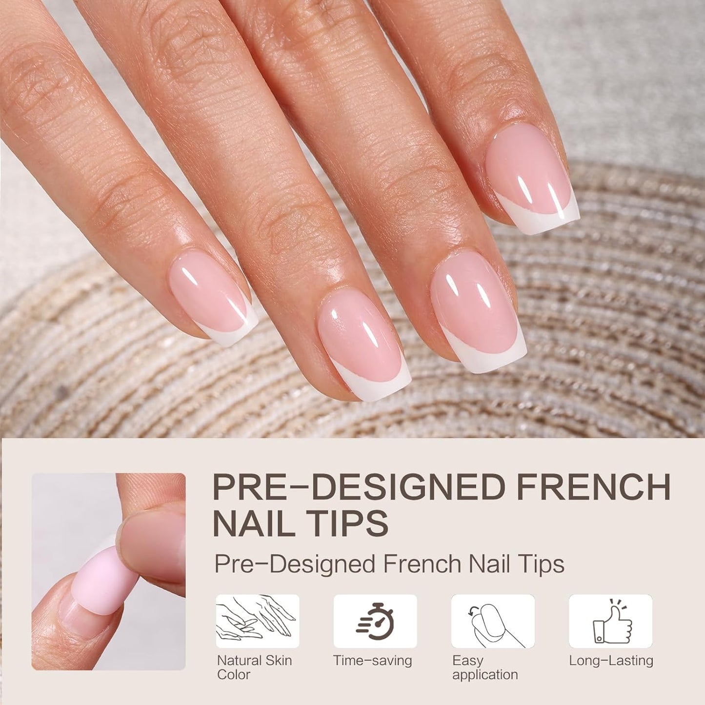 French Tip Press on Nails, 160PCS Gel Nail Tips with 5 Strips, 16 Sizes Pre-applied Primer Classic French Fake Nails, No Need to File, Long Square Pink, DIY Nails Art Design Gifts for Women