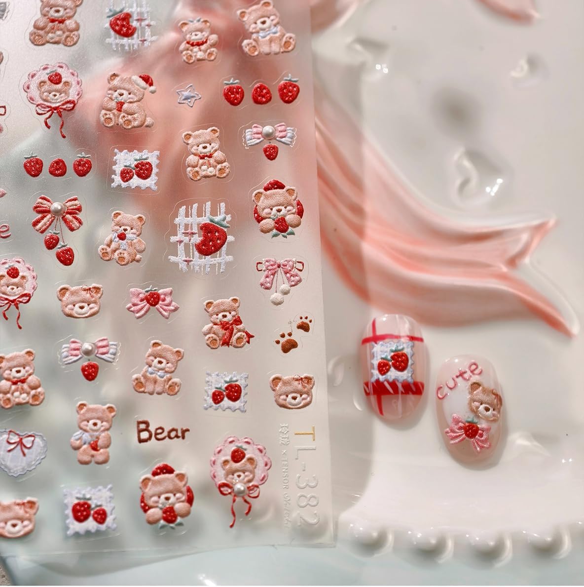 Cute Nail Stickers Bear Nail Art Decals Strawberry with Design Nails Art Stickers 5D Embossed Charms Self Adhesive Nails Decals for Women Girls Kid Manicure DIY Decoration Accessories