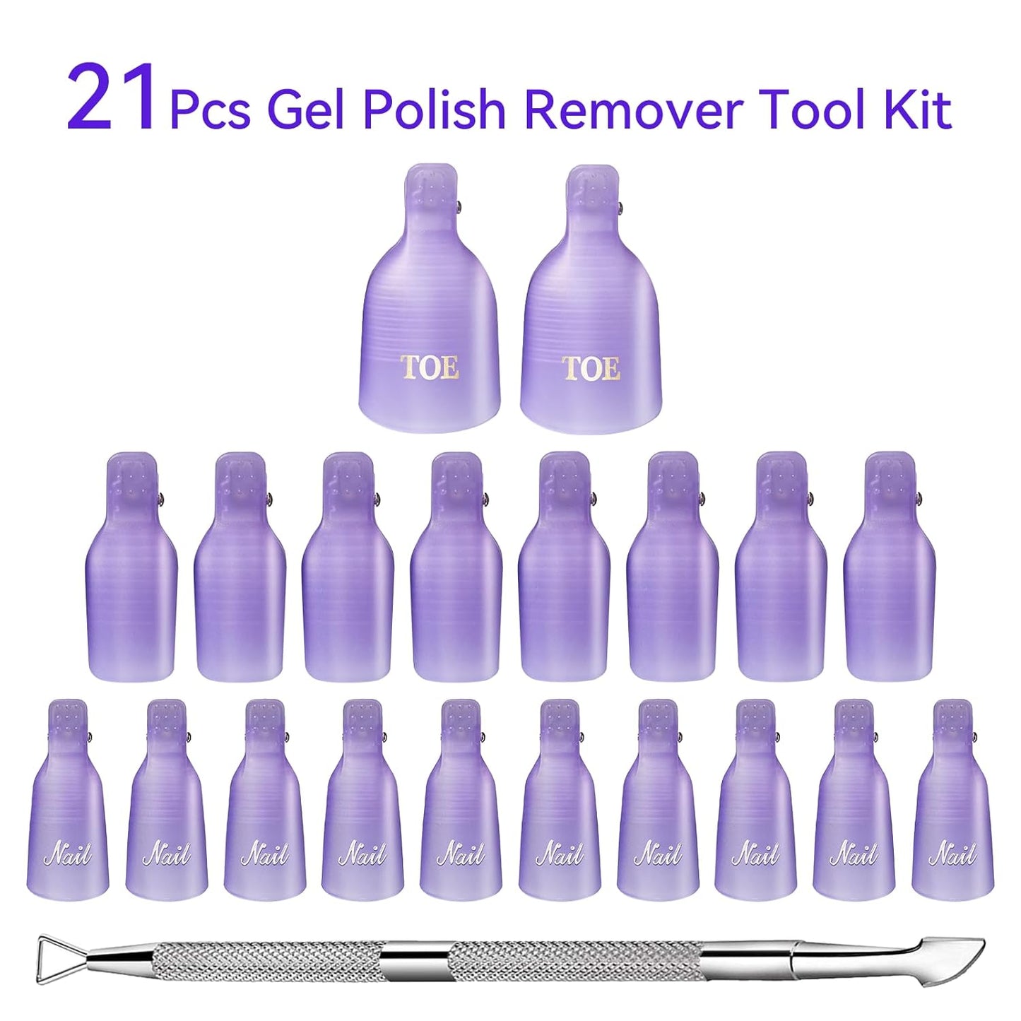 Makartt Nail Clips to Remove Gel Polish, with Double Ended Metal Cuticle Pusher, 20 Pcs Plastic Resuable Finger and Toe Nail Soak Off Clips for Removal Acrylic Art Nail Polish Remover Cap Clip
