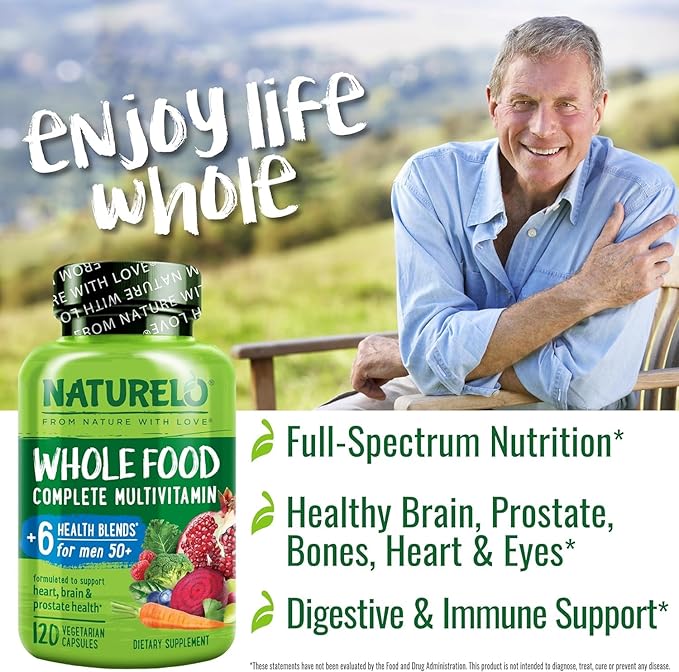NATURELO Whole Food Multivitamin for Men 50+ - with Vitamins, Minerals, Organic Herbal Extracts - Vegan Vegetarian - for Energy, Brain, Heart and Eye Health - 120 Capsules